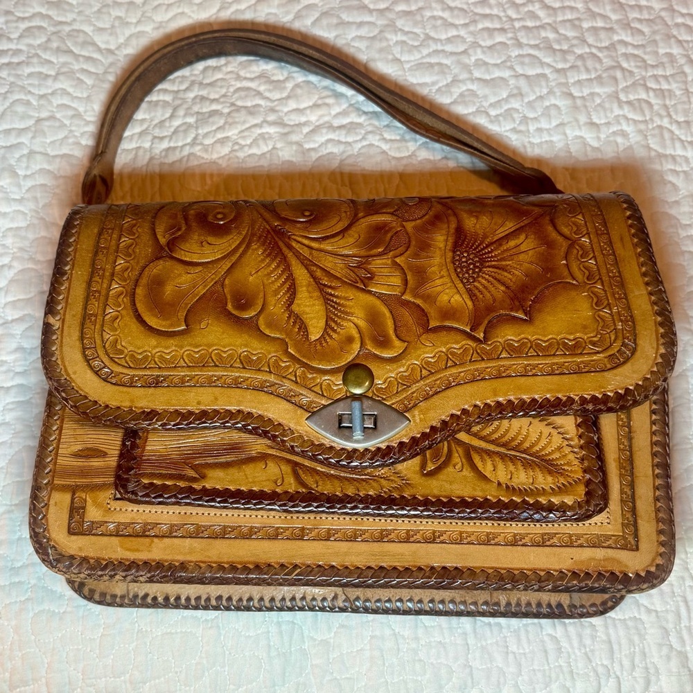 Hand tooled Leather Handbag with adjustable strap